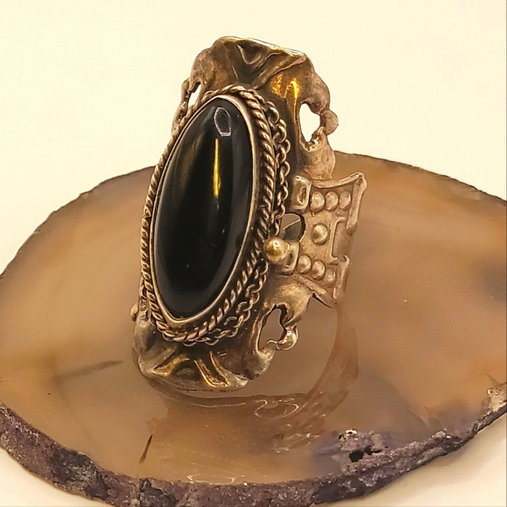 Sterling Silver and Onyx GemStone Poison Locket Adjustable Ring